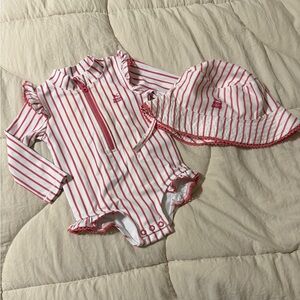Eddie Bauer Pink and White Striped Swimsuit with Hat, 12 Months